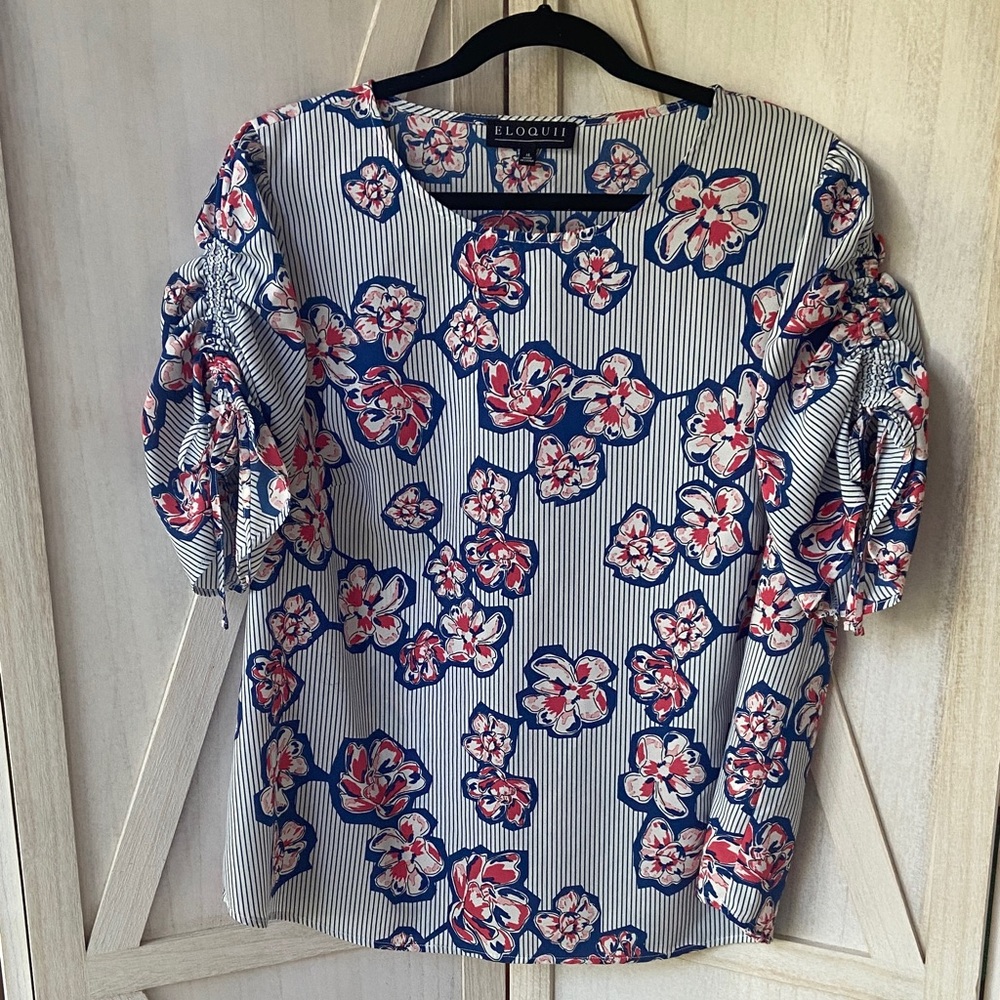 Eloquii Striped Floral Ruched Puff Short Sleeve Blouse